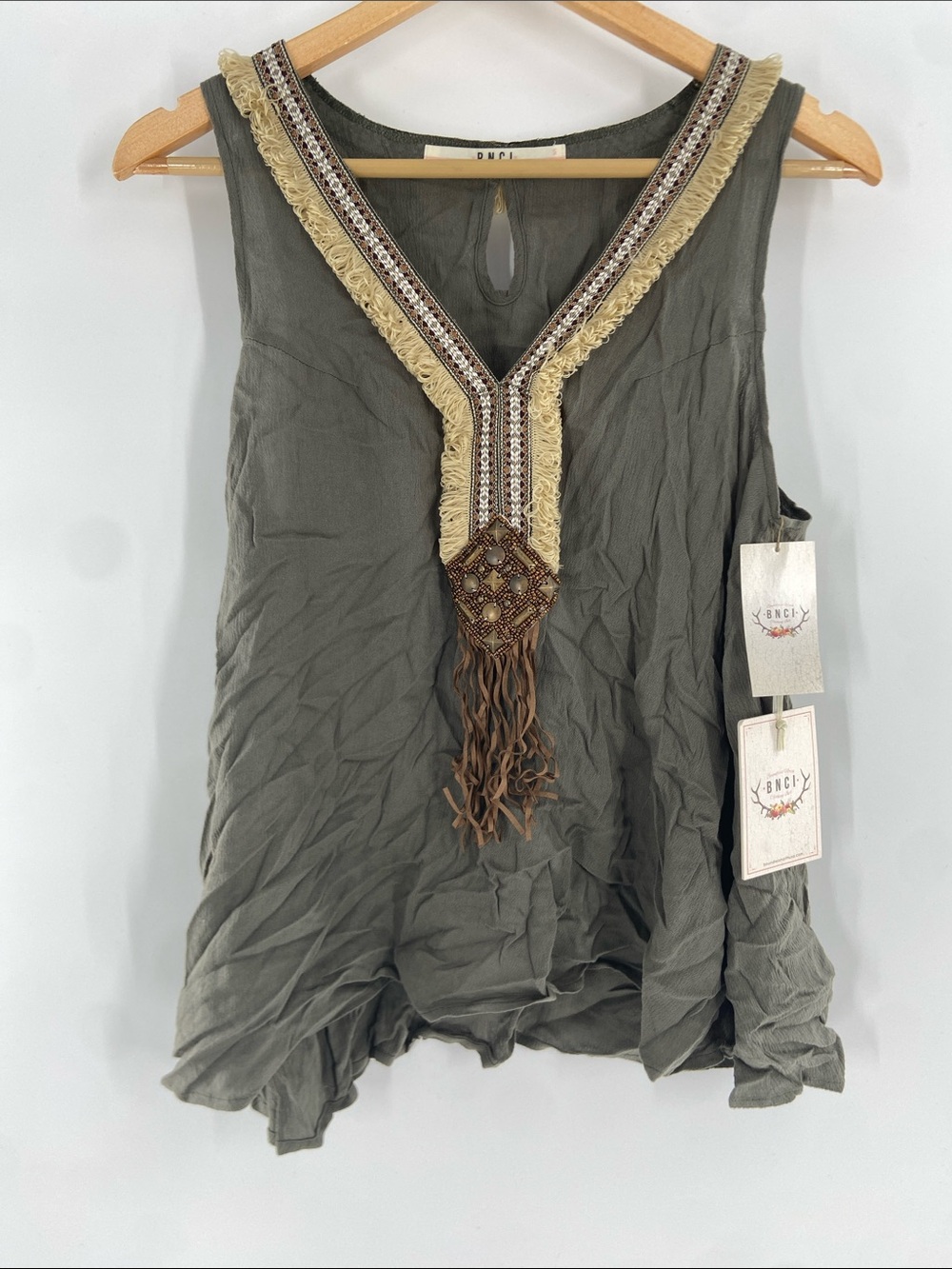 BNCI Moss She's All That Tassel Trimmed Tank Top Size S NWT
